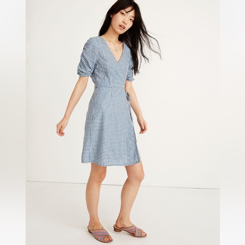 Madewell | Gingham Shirred-Sleeve Wrap Dress
